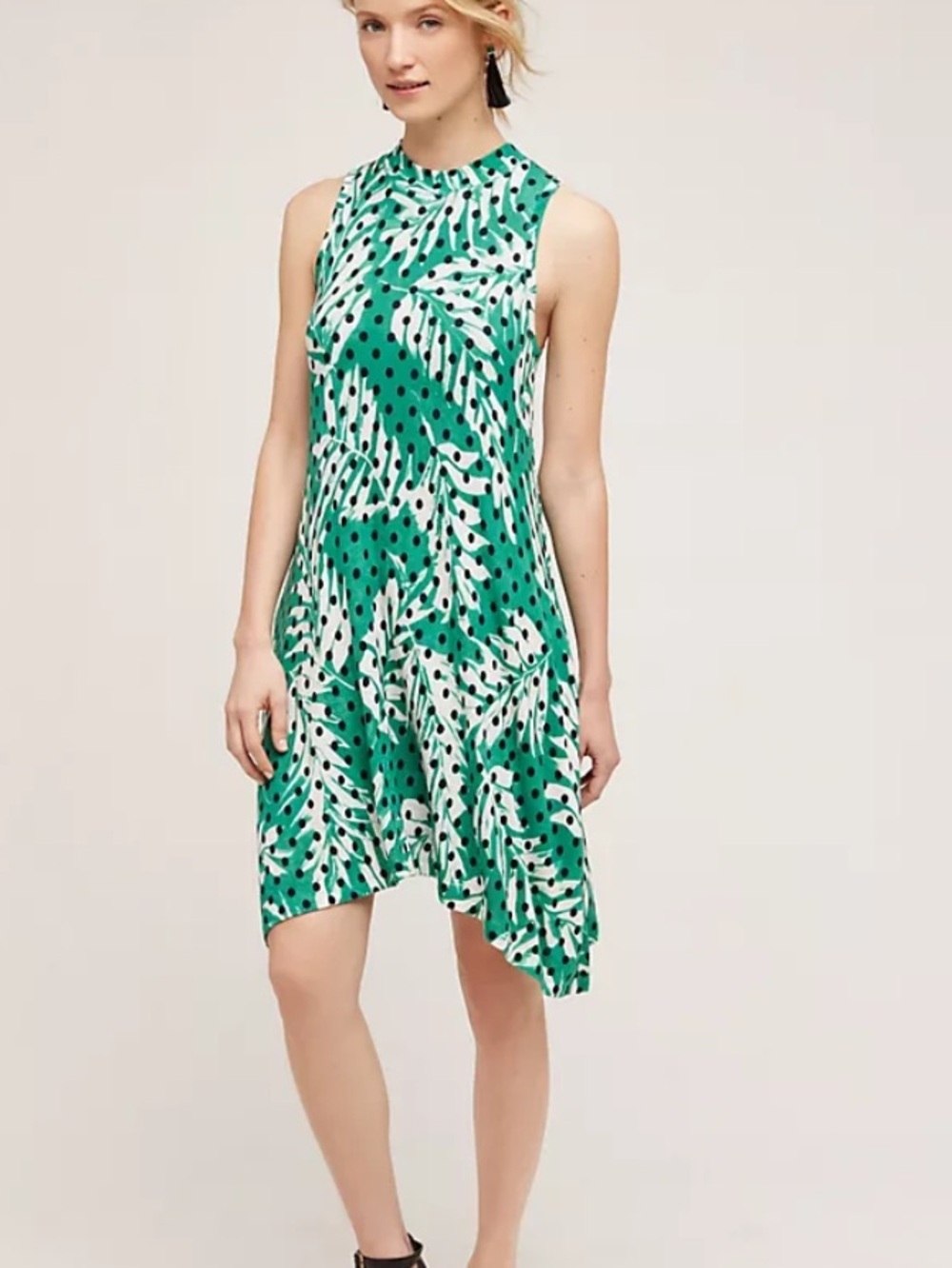Maeve Anthropologie Caye Swing Midi Dress Sleeveless Green Palm Polka Dot M